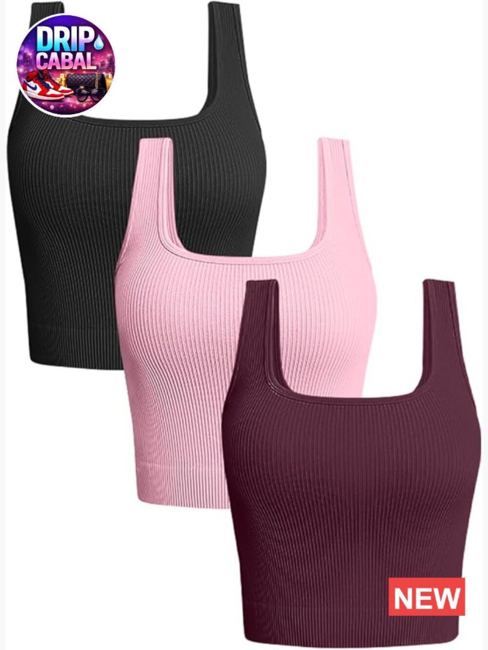 3 Pack Crop Tank Tops Seamless Ribbed Sleeveless Square Neck Workout Yoga Tanks